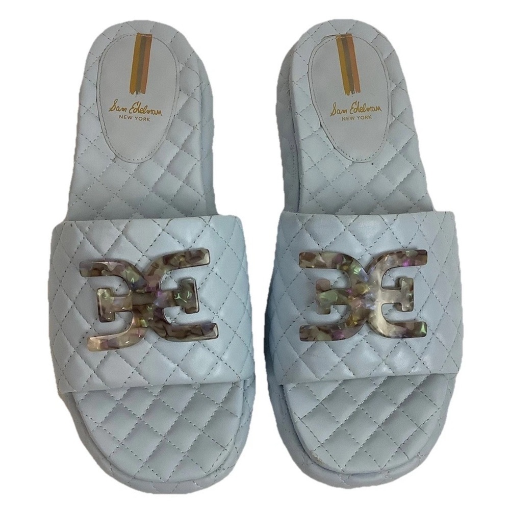 Sam Edelman Sz 9.5 Quilted Leather Karinda Slides In Dusty Blue Casual Style - Picture 2 of 10